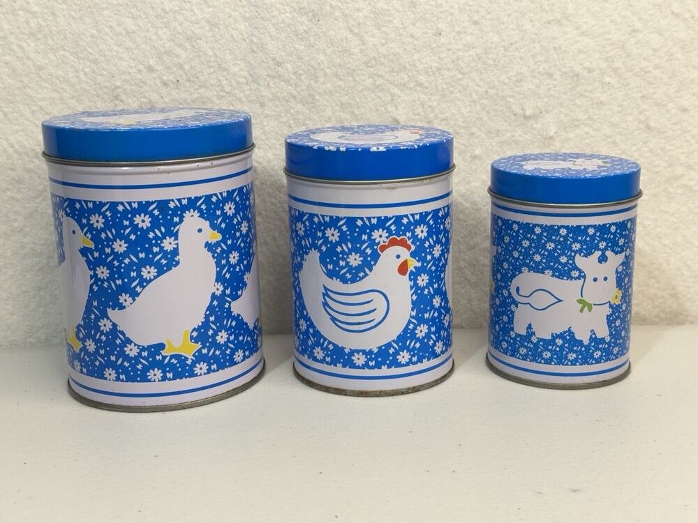 Blue/White Country Calico Kitchen Nesting Tin Canister Set Duck Chicken Cow VTG